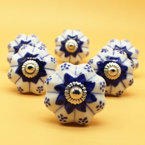 Large Flower Shape  Crater Knob, Large  Printed Blue And White Artistic Cabinet Knob and Furniture Hardware, Decorative Dresser Knob