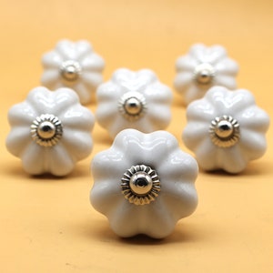 May include: Six white ceramic cabinet knobs with a scalloped design and silver accents. The knobs are arranged in a semi-circle on a light yellow surface.