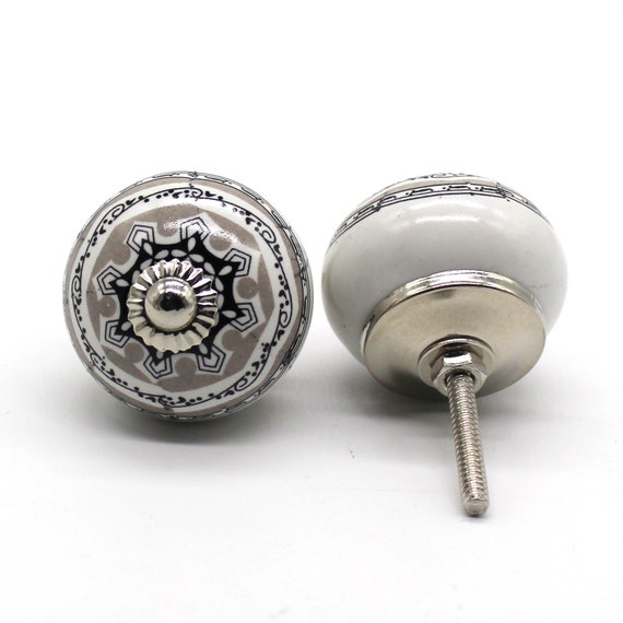 Runde Form Grau und Schwarz Design Handbemalter Keramikknopf, Handbemalter Keramikknopf, Dekorativer Keramikknopf