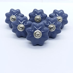 May include: Six blue ceramic flower-shaped knobs with silver accents.