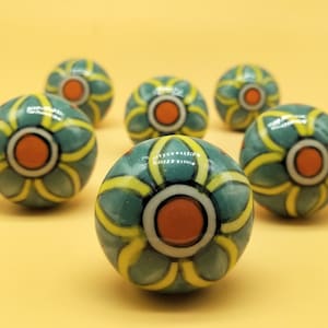 Large Round Shape Crater Knob, Green Floral Print Artistic Cabinet Knob and Furniture Hardware, Decorative Handles, Dresser Knob