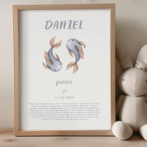 Petit Poissons - Affiche de Naissance Personnalisée | Cadeau Astrologie Bébé,Affiche Bébé Poissons