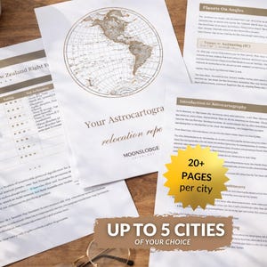 May include: A collection of printed reports on a wooden surface. The reports have a cream background with brown text and graphics, including a world map. Text on the reports includes "Your Astrocartography relocation repo" and "20+ PAGES per city".