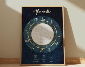 Könnte beinhalten: Ein blaues und goldenes Sternzeichen-Diagramm mit einem sternenübersäten Hintergrund. Das Diagramm zeigt die Sternzeichen und die Planeten in jedem Zeichen. Der Name Alexandra steht oben auf dem Diagramm. Der Text unter dem Diagramm lautet: Aszendent Jungfrau, Sonne Zwillinge, Mond Löwe.