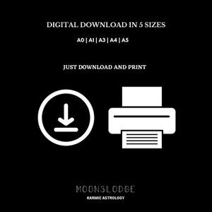 K&ouml;nnte beinhalten: Digitaler Download-Symbol mit einem nach unten zeigenden Pfeil in einem Kreis und einem Drucker-Symbol mit einem Blatt Papier. Der Text lautet "DIGITALER DOWNLOAD IN 5 GR&Ouml;SSEN A0 | A1 | A3 | A4 | A5 LADEN SIE HERUNTER UND DRUCKEN SIE MOONSLODGE KARMISCHE ASTROLOGIE"