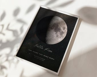 May include: A black and white print with a crescent moon and stars. The text reads "Bella Rose, The night you were born, December 12, 2021, 7:59 PM PST".