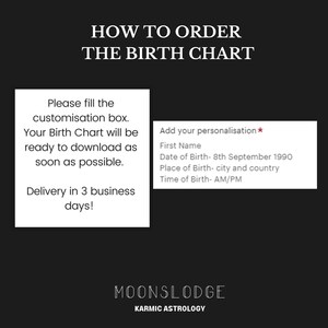 K&ouml;nnte beinhalten: So bestellen Sie ein Geburtshoroskop von Moonslodge Karmic Astrology. F&uuml;llen Sie das Formular mit Ihrem Namen, Ihrem Geburtsdatum, Ihrer Stadt und Ihrem Land sowie Ihrer Geburtszeit aus. Die Lieferung dauert 3 Werktage.