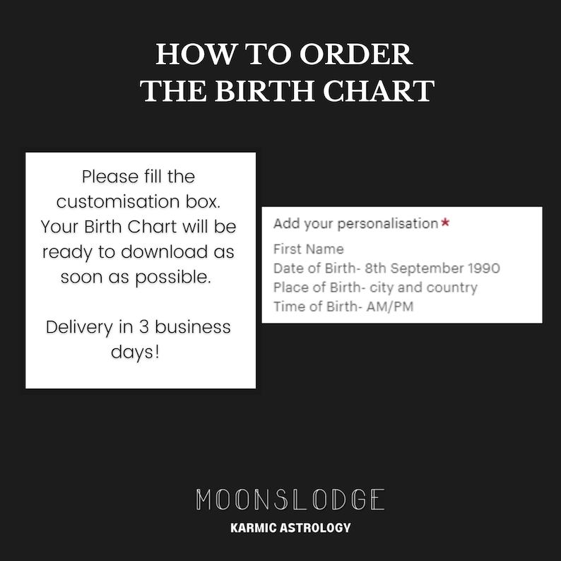 K&ouml;nnte beinhalten: So bestellen Sie ein Geburtshoroskop von Moonslodge Karmic Astrology. F&uuml;llen Sie das Formular mit Ihrem Namen, Ihrem Geburtsdatum, Ihrer Stadt und Ihrem Land sowie Ihrer Geburtszeit aus. Die Lieferung dauert 3 Werktage.