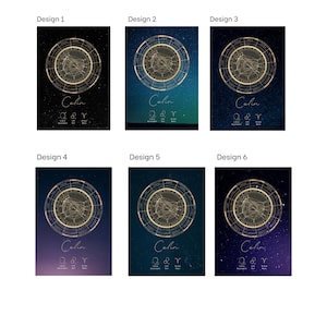 K&ouml;nnte beinhalten: Sechs verschiedene Designs einer personalisierten Sternkarte mit dem Namen "Colin" und den Sternzeichen "&Omega; & Y" auf einem dunkelblauen Hintergrund mit goldenen Sternen.