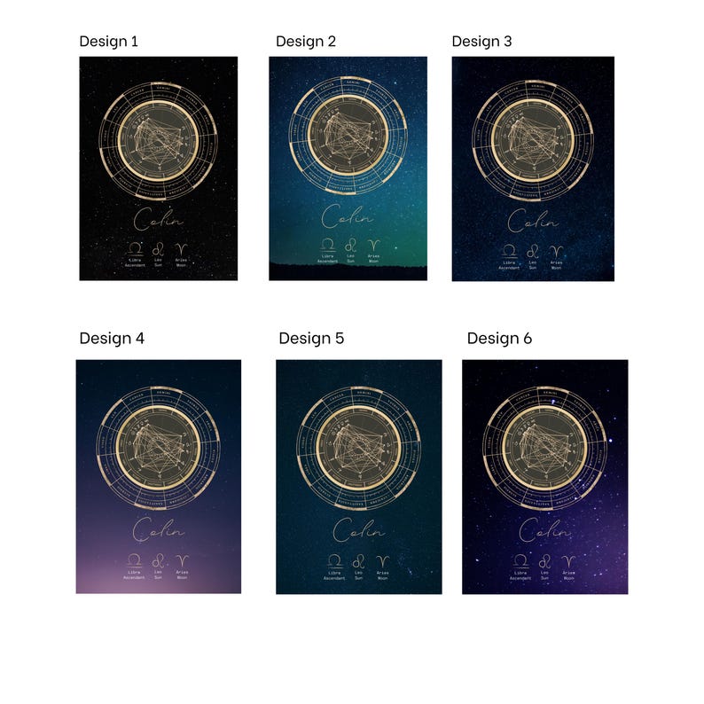 K&ouml;nnte beinhalten: Sechs verschiedene Designs einer personalisierten Sternkarte mit dem Namen "Colin" und den Sternzeichen "&Omega; & Y" auf einem dunkelblauen Hintergrund mit goldenen Sternen.