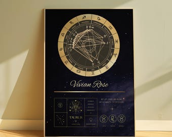 Könnte beinhalten: Ein gold-schwarzes Sternzeichen-Diagramm mit dunkelblauem Hintergrund und Sternen. Das Diagramm zeigt die Sternzeichen und ihre entsprechenden Sternbilder. Der Name Vivian Rose ist in goldenen Buchstaben unter dem Diagramm geschrieben. Das Diagramm enthält auch das Geburtsdatum und die Geburtszeit sowie den Geburtsort. Das Sternzeichen Stier ist in Gold hervorgehoben.