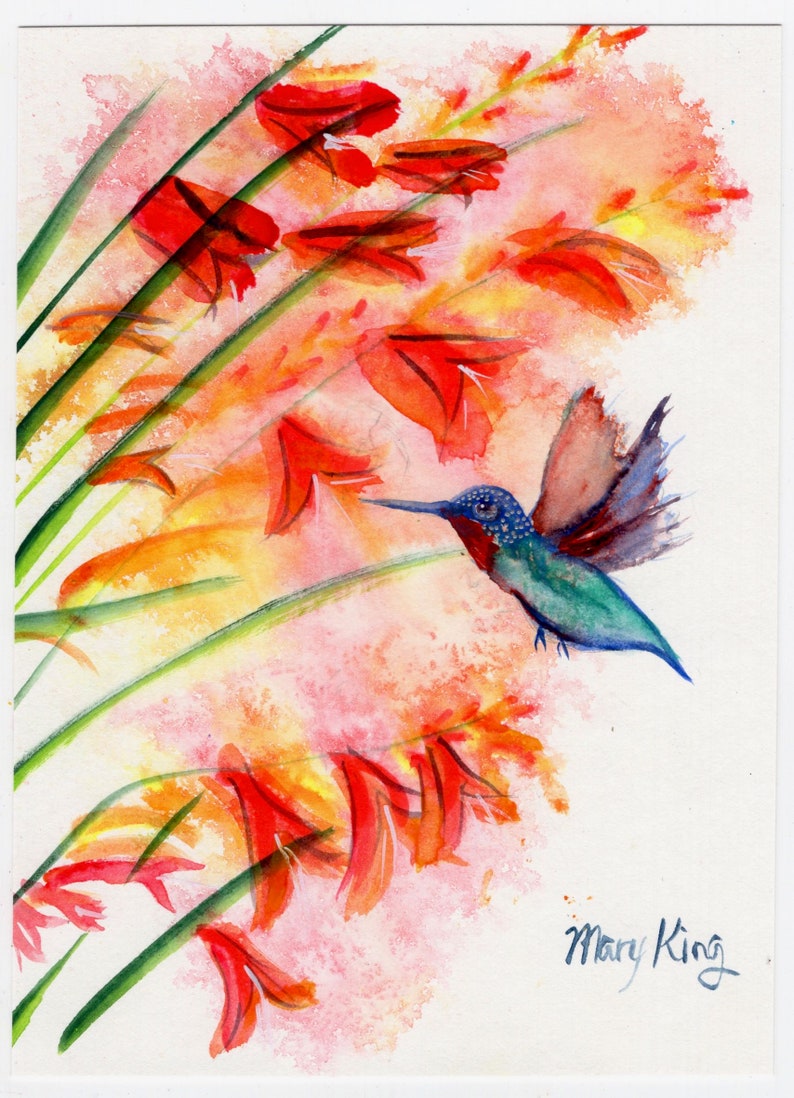 Download Gift For Bird Lover Original 5 5x7 5 Hummingbird Watercolor Painting By Mary King Handcrafted Original Watercolor Hummingbird At Flowers Painting Art Collectibles Seasonalliving Com