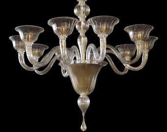 Murano Glass Chandelier in Clear Cristallo with 24Kt Gold, Blown Glass Chandelier with 10 Lights, Venetian Glass Lighting