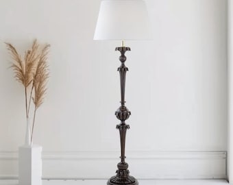 Hand Carved Wood Floor Lamp: Italian Gilt Tuscan Lighting, Baroque Lamp With Dark Base And White Lampshade
