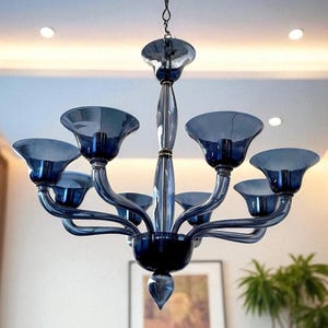 Żyrandol ze szkła Murano w kolorze szaro-niebieskim, 8-punktowa nowoczesna lampa, ręcznie dmuchane włoskie szkło