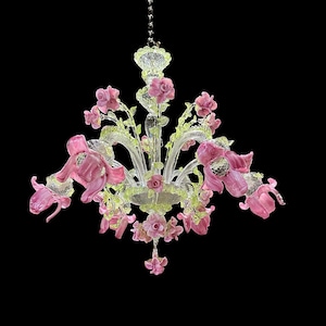 6 Light Classic Chandelier in Clear Cristallo and Light Green Glass with Pink Roses, Murano Glass Floral Chandelier