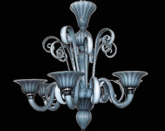 Murano Chandelier with 6 Lights, Hand Blown Murano Glass Chandelier, Contemporary Ceiling Light in Gray, White and Black