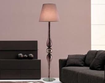 Floor Lamp in Mirrored Viola Amethyst Glass, Murano Floor Lamp with Cotton Lampshade, Tall Standing Lamp, Living Room Lighting