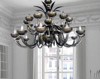 Murano Glass Deluxe Chandelier With Swarovski Crystals, Fume and Mirrored Fume Glass, Dining Room Chandelier, Crystal Chandelier Lighting