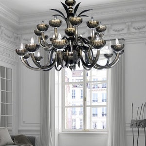 Murano Glass Deluxe Chandelier With Swarovski Crystals, Fume and Mirrored Fume Glass, Dining Room Chandelier, Crystal Chandelier Lighting