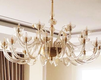 Large Clear Murano Glass Chandelier with Floral Accents,  Luxury Murano Lighting for Large Rooms