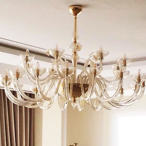 Large Clear Chandelier with Floral Elements, Murano Glass Chandelier with 12 Lights, Chandelier for Large Rooms, Luxury Murano Lighting