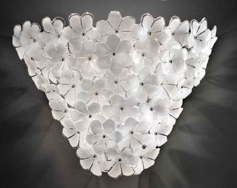 Italian Glass Floral Sconces, Set of 2, White Floral Home Decor, Two Glass Sconces with White Flowers, Triangle Wall Light