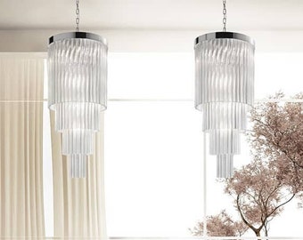 Italian Glass Mid Century Modern Chandelier, Clear Crystal Chandelier, Venetian Glass Hanging Light, Luxury Chandelier, Art Deco Light