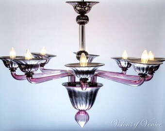 Murano Glass Chandelier with 8 Lights and Mirror Finished Accents, Violet Amethyst Chandelier, Purple and Silver Pendant Light