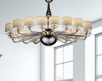 Murano Glass Chandelier with 16 Lights, White Lampshades Chandelier, Large Ceiling Light, Murano Chandelier, Contemporary Lighting