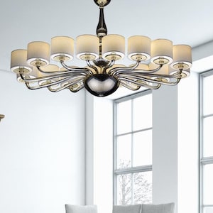 Kroonluchter van Muranoglas met 16 lampjes, grote plafondlamp met witte lampenkappen, hedendaagse kroonluchter van Murano