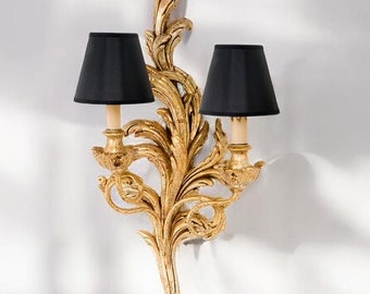 Hand Carved Gilt Wood Sconce with Black Lampshades: Tuscan Baroque, 2-Light