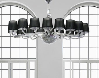 Chandelier with Black Lampshades, Murano Glass Chandelier with 16 Lights, Large Chandelier for Living Room, Murano Glass Lighting