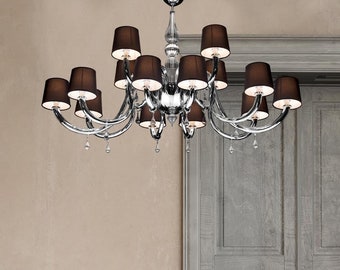 Murano Glass Tiepolo Chandelier with Cotton Lampshades, Large Chandelier for Living Room, Mid-century Modern Lighting