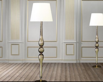 Murano Glass Floor Lamp, Standing Lamp with White Cotton Lampshade, Elegant Tall Lamp, Handmade Glass Lamp