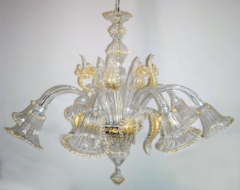 Classic Murano Glass Chandelier, 8 Light Chandelier With 24Kt Gold Accents, Hand Blown Glass Light, Clear Crystalline Ceiling Light