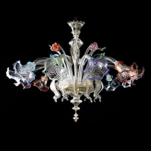 Downward Floral Lighting, Classic Murano Glass Lily Chandelier, Clear Chandelier with Multicolor Accents and 24K Gold Details