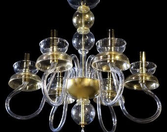 Clear Murano Glass Chandelier with 24Kt Gold Infused Cristallo Details, Venetian Glass Lighting
