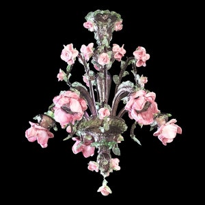 Single Tier Roses Chandelier, Murano Glass Chandelier in Amethyst Glass with Light Green and Pink Roses, Classic Floral Chandelier