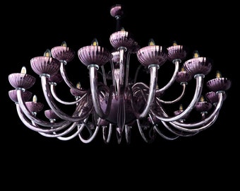 Mirrored Violet Chandelier with Floral Elements, Large Ceiling Light, Purple Glass Chandelier, Mirrored Glass Chandelier, Contemporary Light