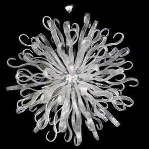 May include: A large, modern chandelier made of clear glass. The chandelier has a starburst design with many long, thin glass pieces that curve and twist. The chandelier is suspended from a single point in the ceiling.