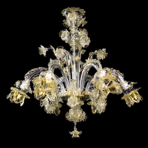 Single Tier Roses Chandelier, Murano Ceiling Light in Clear Cristallo Glass with 24Kt Gold Accents, Classic Floral Lighting