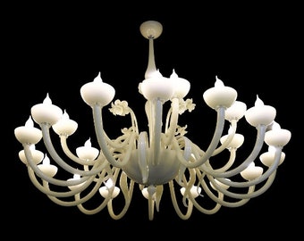 Ivory White Chandelier, Glass Chandelier with Floral Elements, Large Murano Chandelier with 24 or 12 Lights, White Glass Lighting