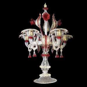 Classic Red and Gold Candelabra, Murano Glass Candelabra with 24 Kt Gold Infused Accents, Italian Glass Table Lamp