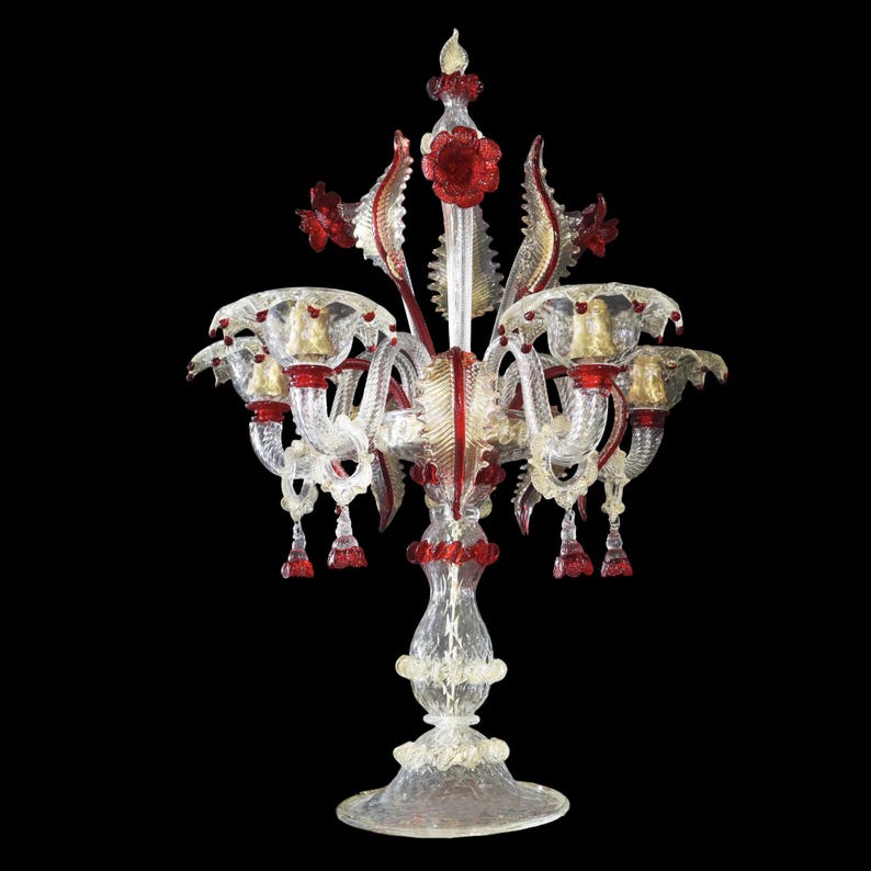 Classic Red and Gold Candelabra, Murano Glass Candelabra with 24 Kt Gold Infused Accents, Italian Glass Table Lamp