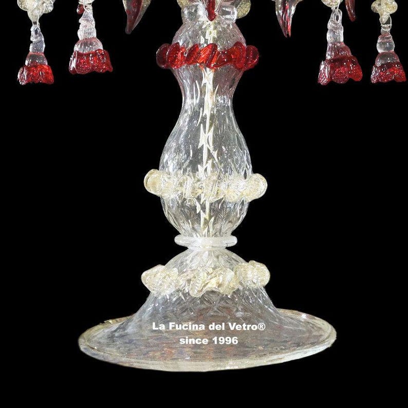 Classic Red and Gold Candelabra, Murano Glass Candelabra with 24 Kt Gold Infused Accents, Italian Glass Table Lamp