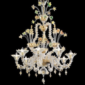 Gran lámpara de araña Rezzonico de cristal de Murano, lámpara de techo clásica con detalles en oro de 24 quilates.