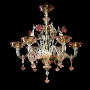 Clear Glass Chandelier with Ruby Pink and 24Kt Gold Infused Accents, Classic Murano Chandelier, Italian Ceiling Light