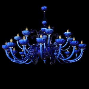 Blue Chandelier, Mirrored Glass Chandelier with 24 or 12 Lights, Blue Murano Glass Lighting with Floral Elements, Cobalt Blue Light