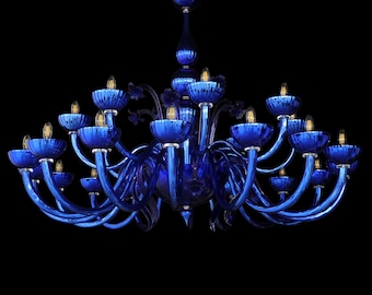 Blue Chandelier, Mirrored Glass Chandelier with 24 or 12 Lights, Blue Murano Glass Lighting with Floral Elements, Cobalt Blue Light